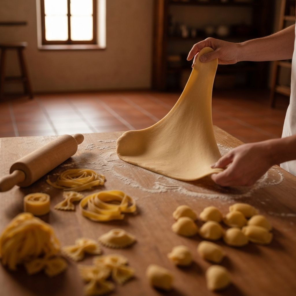 Fresh handmade pasta dough being stretched on a floured wooden surface