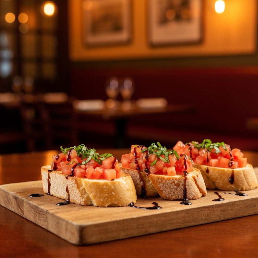 Classic Italian bruschetta on toasted bread with diced tomatoes and fresh basil
