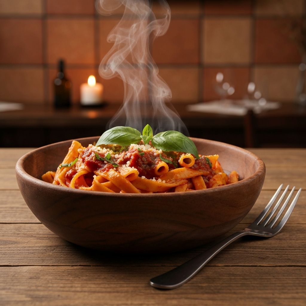 A steaming bowl of fresh spaghetti with rich tomato sauce and basil
