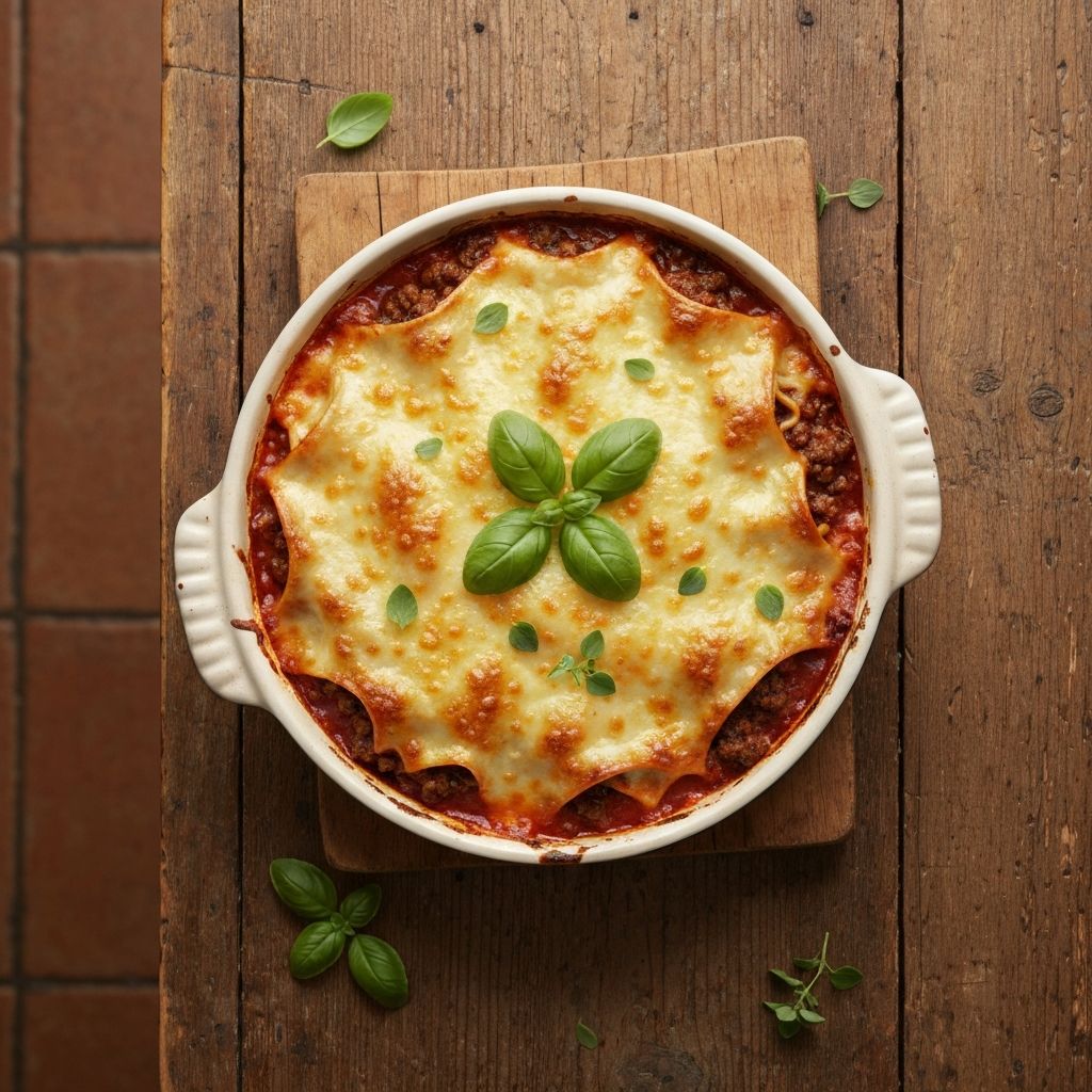 Golden baked lasagne in a ceramic dish with bubbling cheese